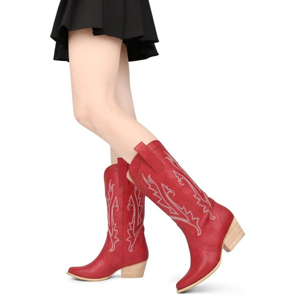 ⚡Women's Red Mid Calf Cowgirl Boots Pointy Toe Boot Embroidered Western - Picture 7 of 8